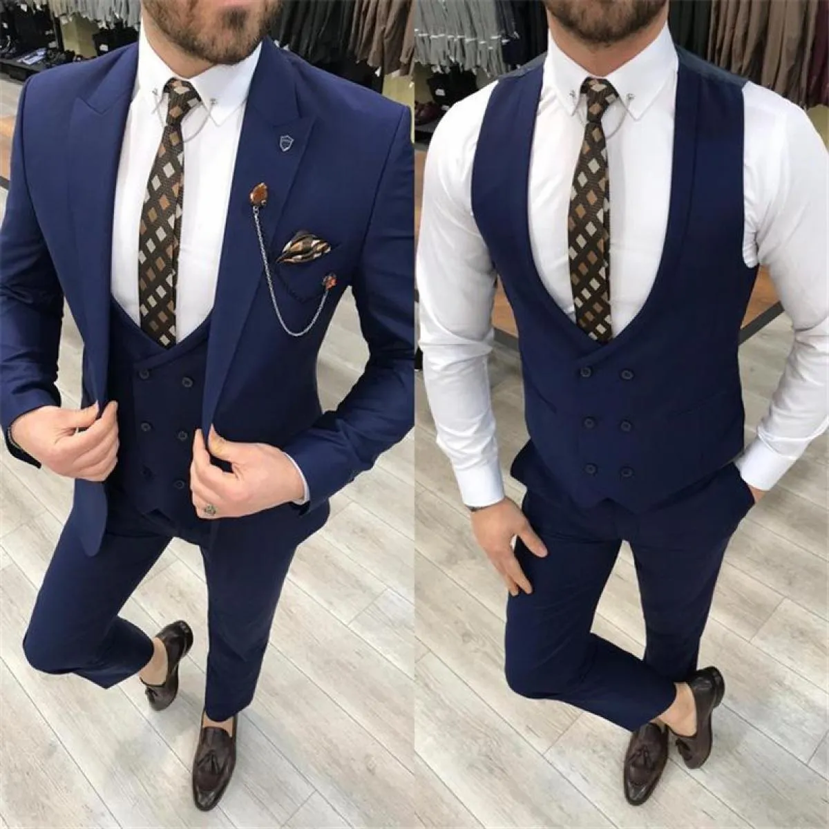 2022 Lastest Giacca Gilet Pantalone Design Picco risvolto Navy Abito da uomo Slim Fit Tairol Made 3 pezzi Smoking dello sposo Co