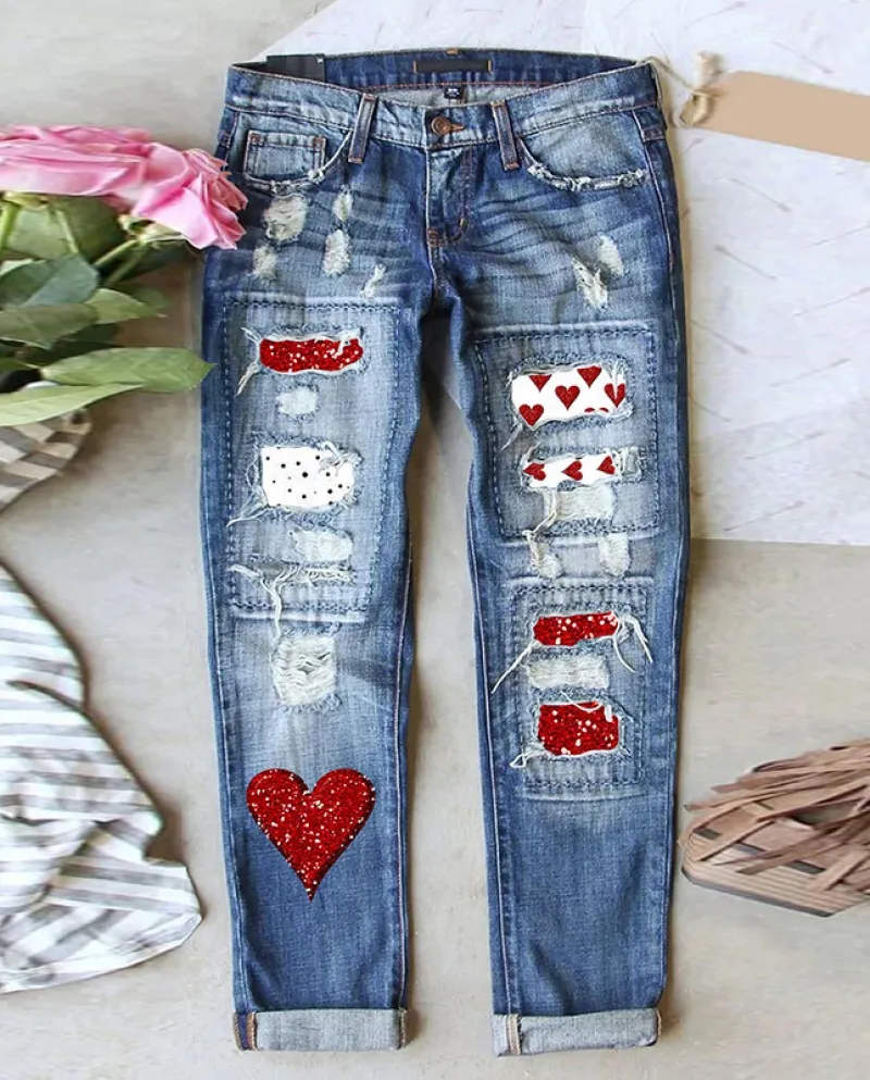 2024  And  New Style Washed Jeans For Women With Heart Patches, Ripped Holes, Mid-waist Straight Pants, Trousers In Stoc