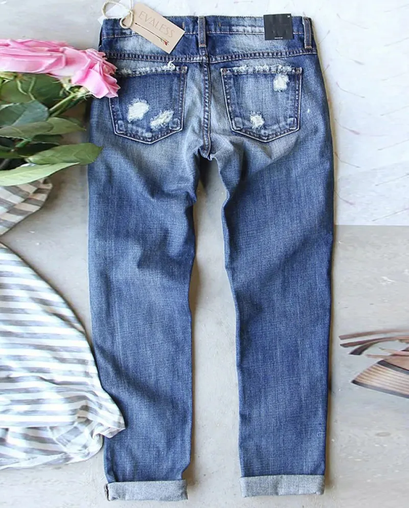 2024  And  New Style Washed Jeans For Women With Heart Patches, Ripped Holes, Mid-waist Straight Pants, Trousers In Stoc