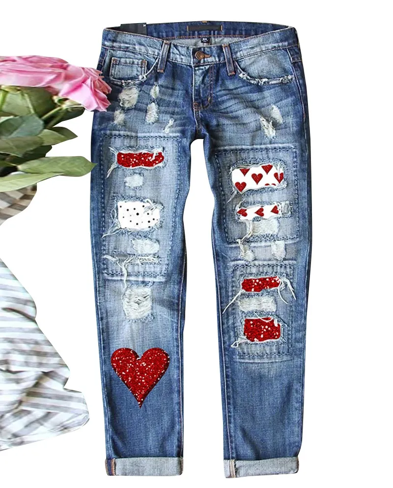 2024  And  New Style Washed Jeans For Women With Heart Patches, Ripped Holes, Mid-waist Straight Pants, Trousers In Stoc