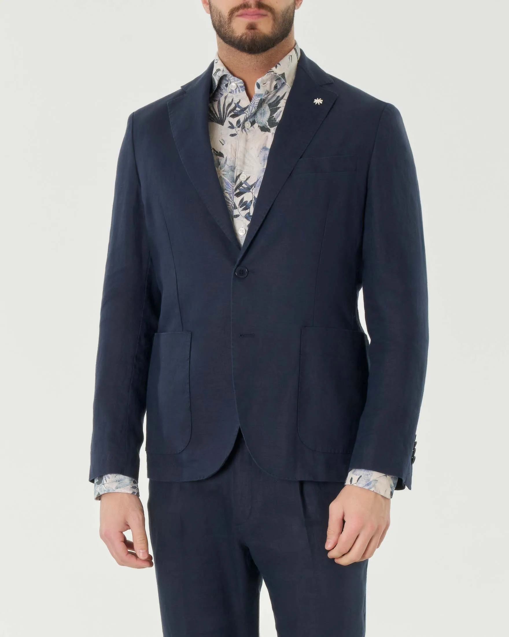 Abito blu in puro lino con rever classico
