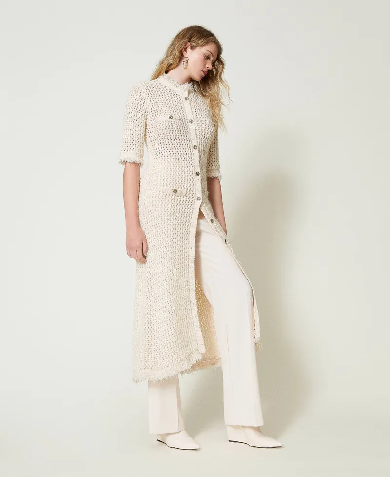 Abito-cardigan in maglia jacquard a rete