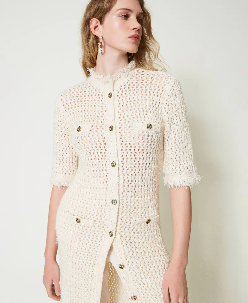 Abito-cardigan in maglia jacquard a rete