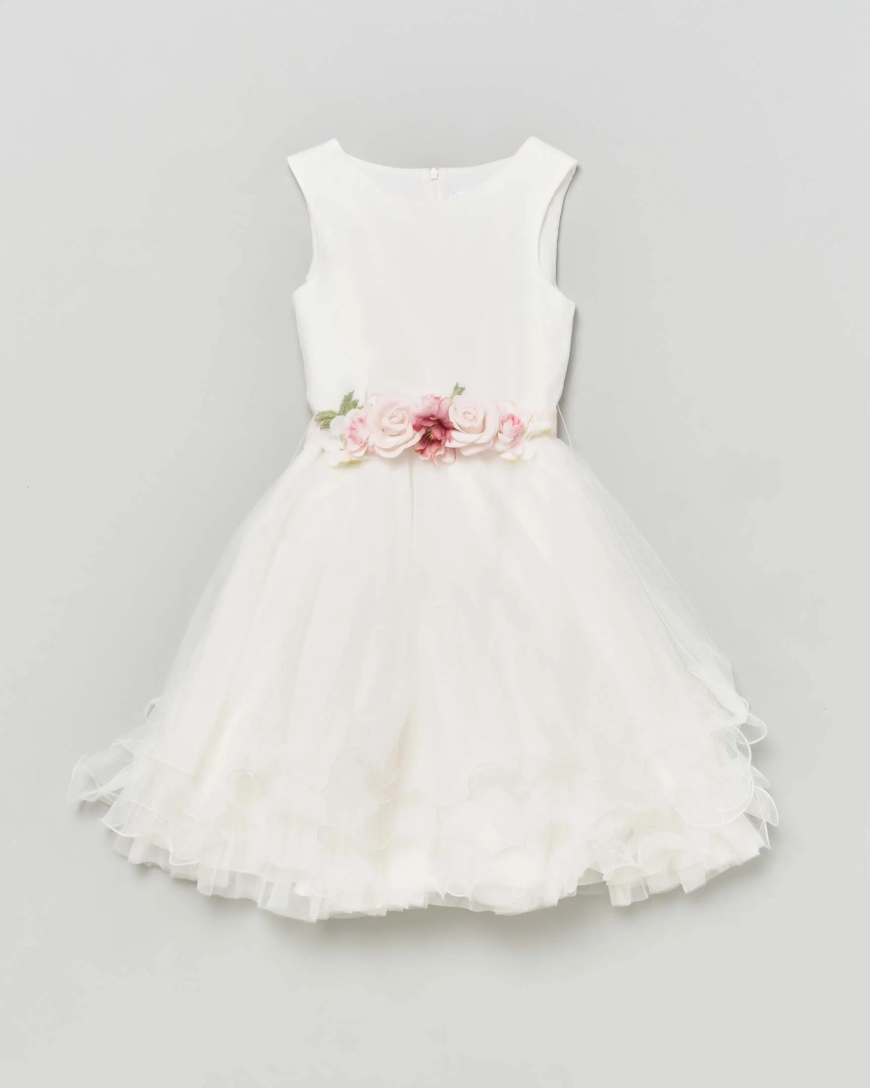 Abito corto bianco senza maniche con gonna in tulle e fascia rosa ricamata con fiori 12 anni