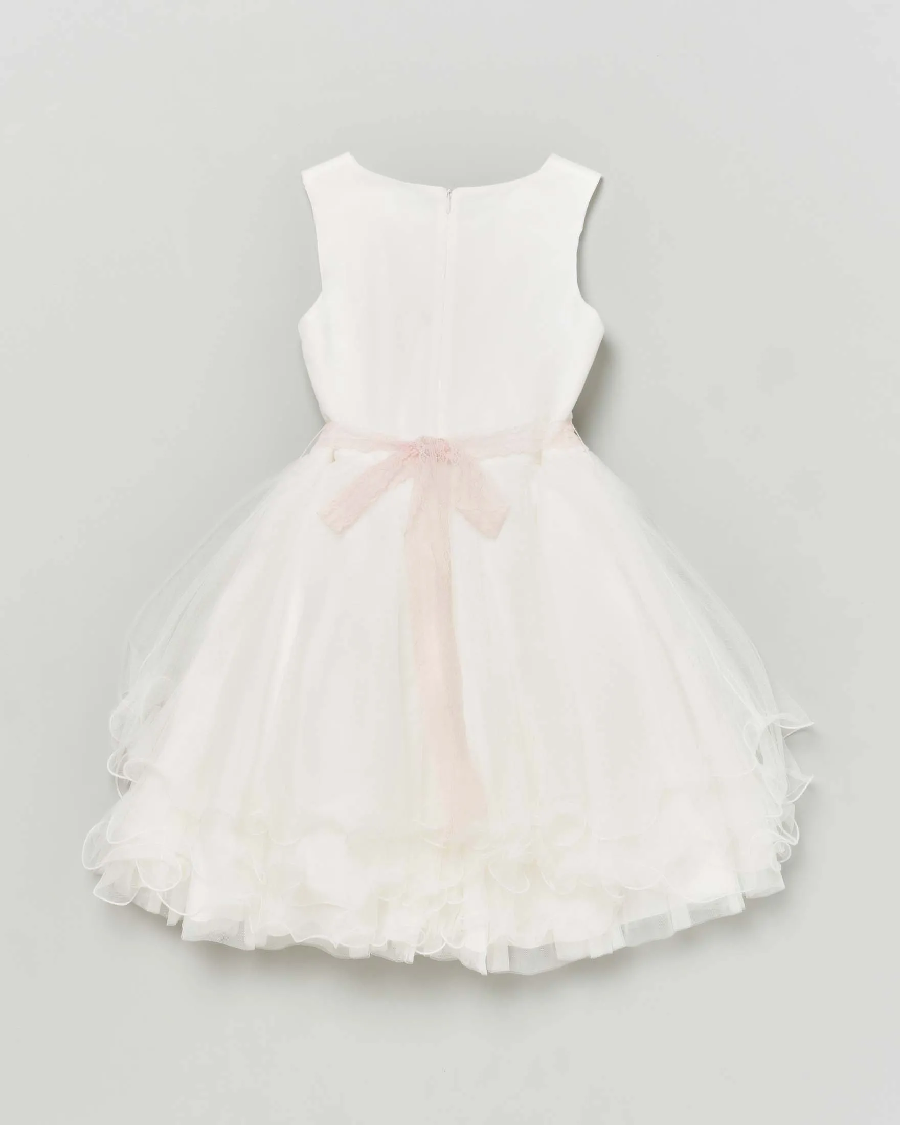 Abito corto bianco senza maniche con gonna in tulle e fascia rosa ricamata con fiori 12 anni