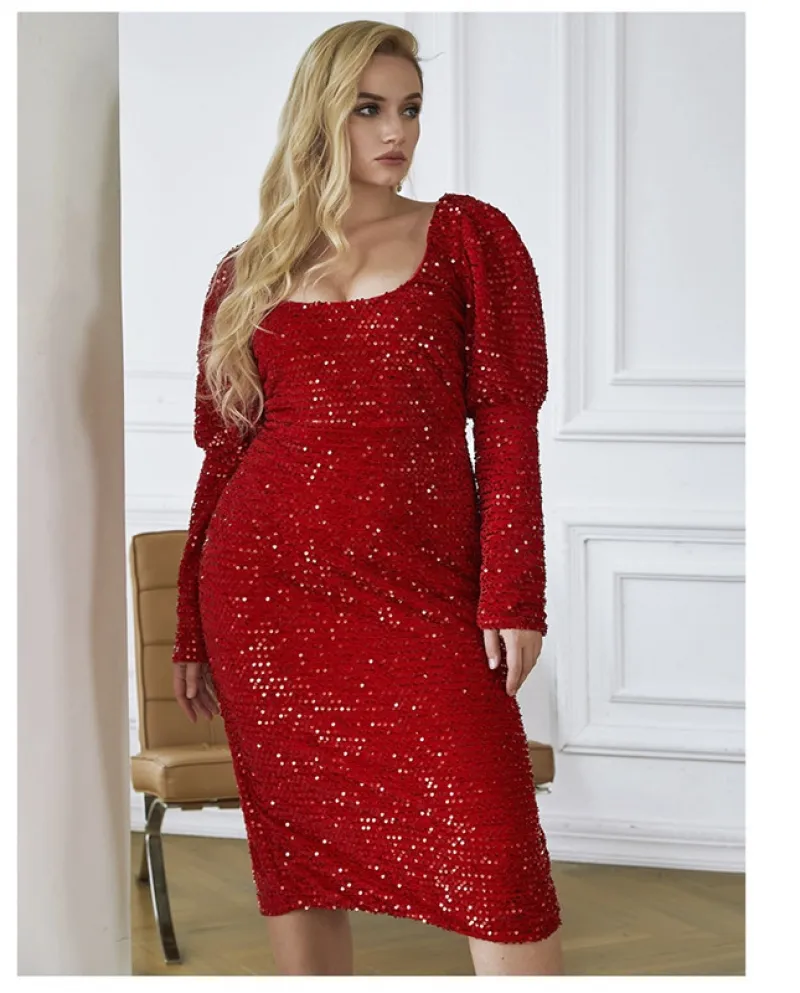 Abito di grandi dimensioni con paillettes a maniche lunghe con cerniera a maniche lunghe e maniche lunghe da donna autunno inver
