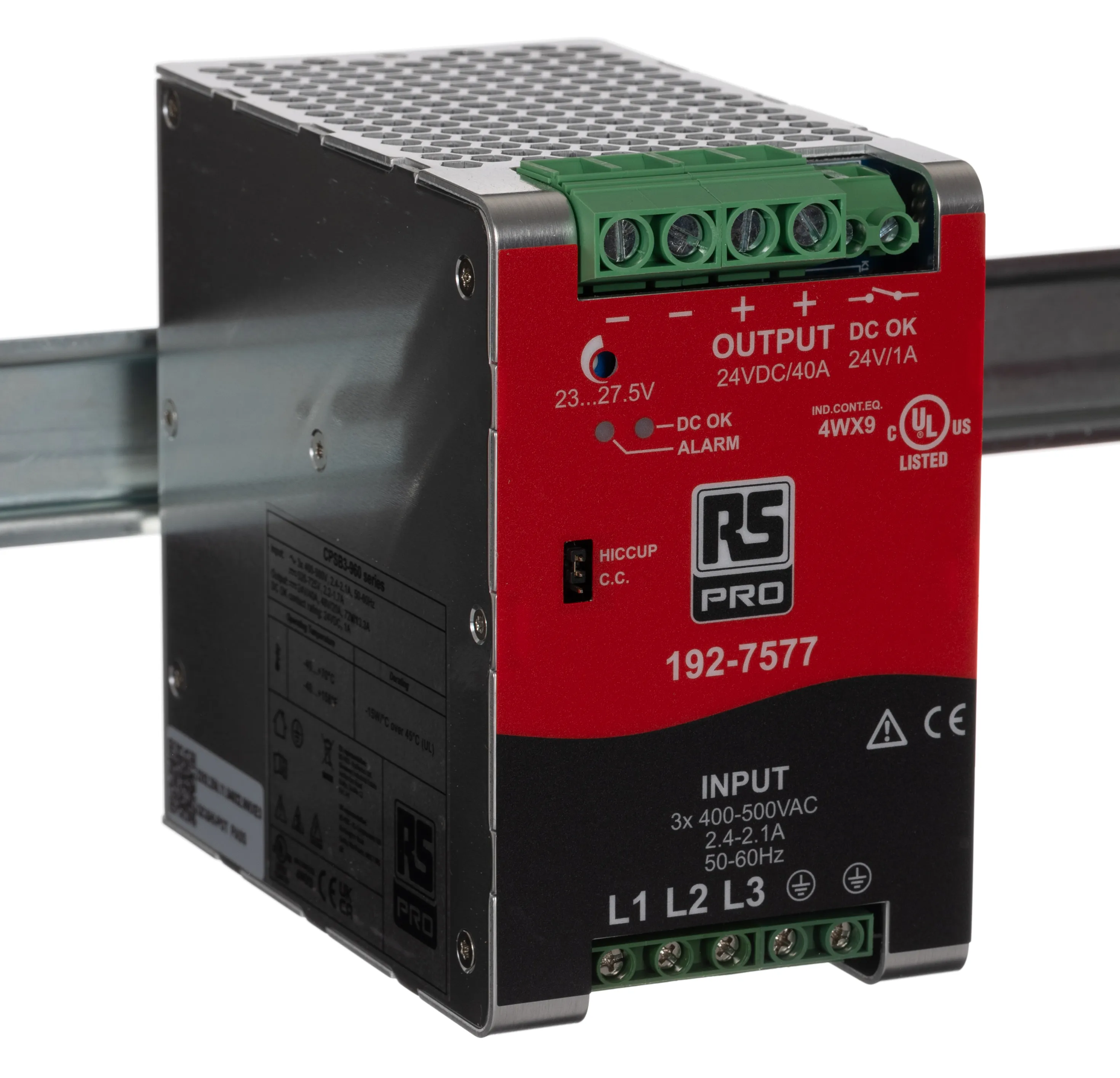 Alimentatore a montaggio su guida DIN RS PRO, 23 → 28V cc, 40A, 340 → 550 V ac / 520 → 725V cc,