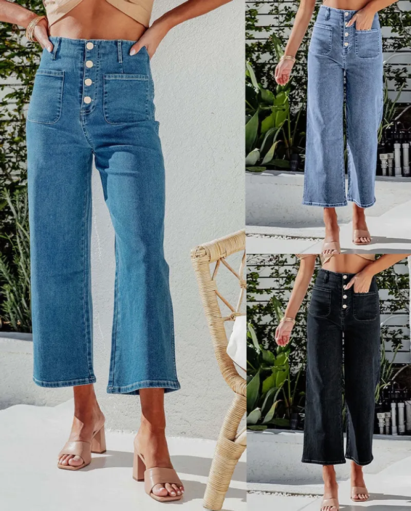 And  Retro Loose Straight Single-breasted High-waisted Wide-leg Women's Jeans Nine-quarter Pants Wholesale
