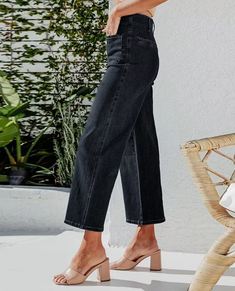 And  Retro Loose Straight Single-breasted High-waisted Wide-leg Women's Jeans Nine-quarter Pants Wholesale
