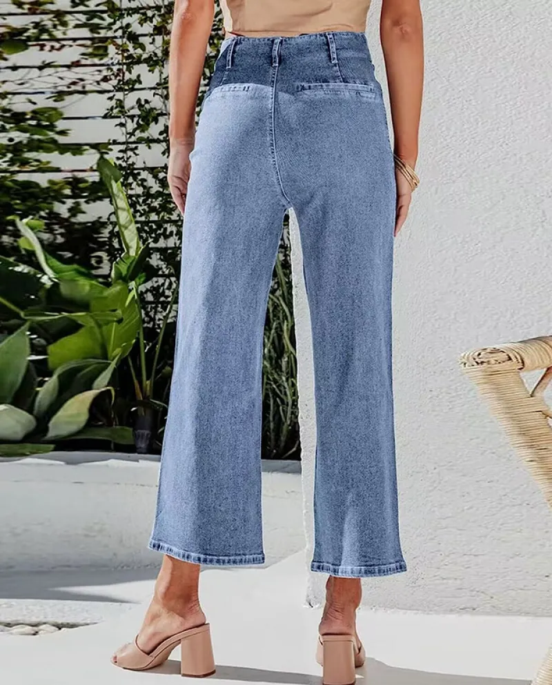 And  Retro Loose Straight Single-breasted High-waisted Wide-leg Women's Jeans Nine-quarter Pants Wholesale
