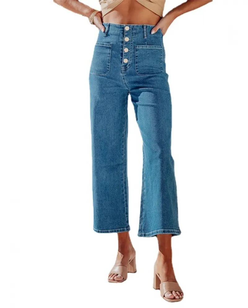 And  Retro Loose Straight Single-breasted High-waisted Wide-leg Women's Jeans Nine-quarter Pants Wholesale