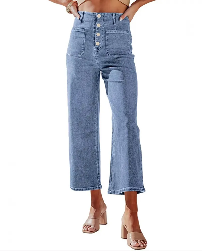 And  Retro Loose Straight Single-breasted High-waisted Wide-leg Women's Jeans Nine-quarter Pants Wholesale
