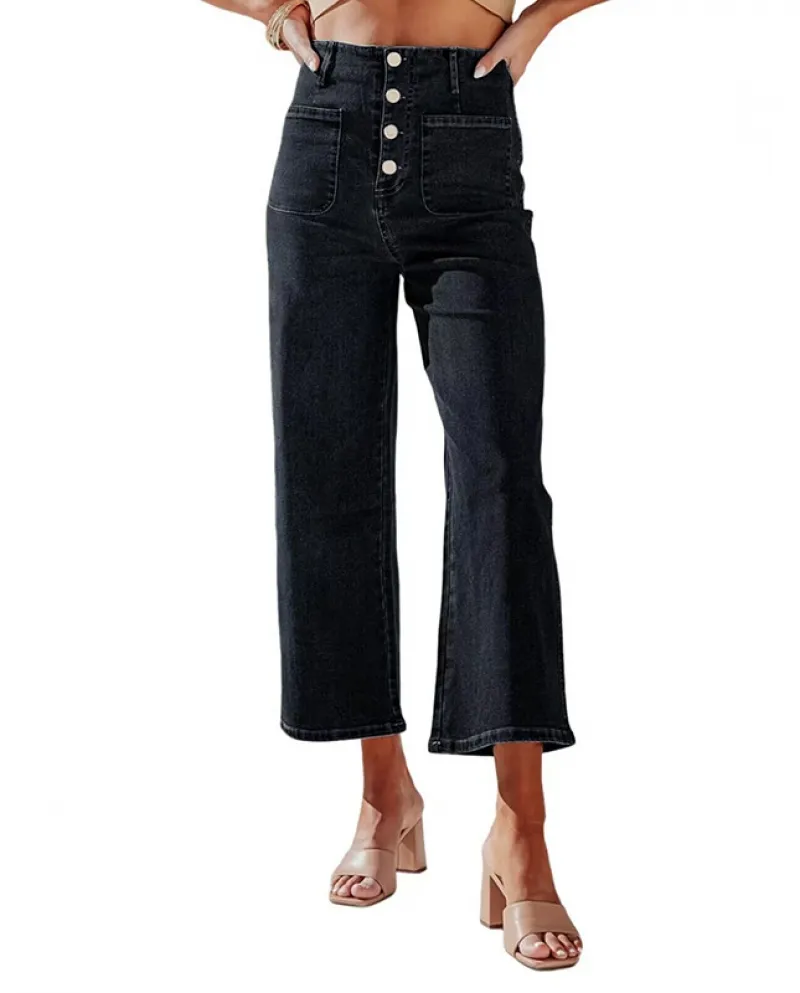 And  Retro Loose Straight Single-breasted High-waisted Wide-leg Women's Jeans Nine-quarter Pants Wholesale