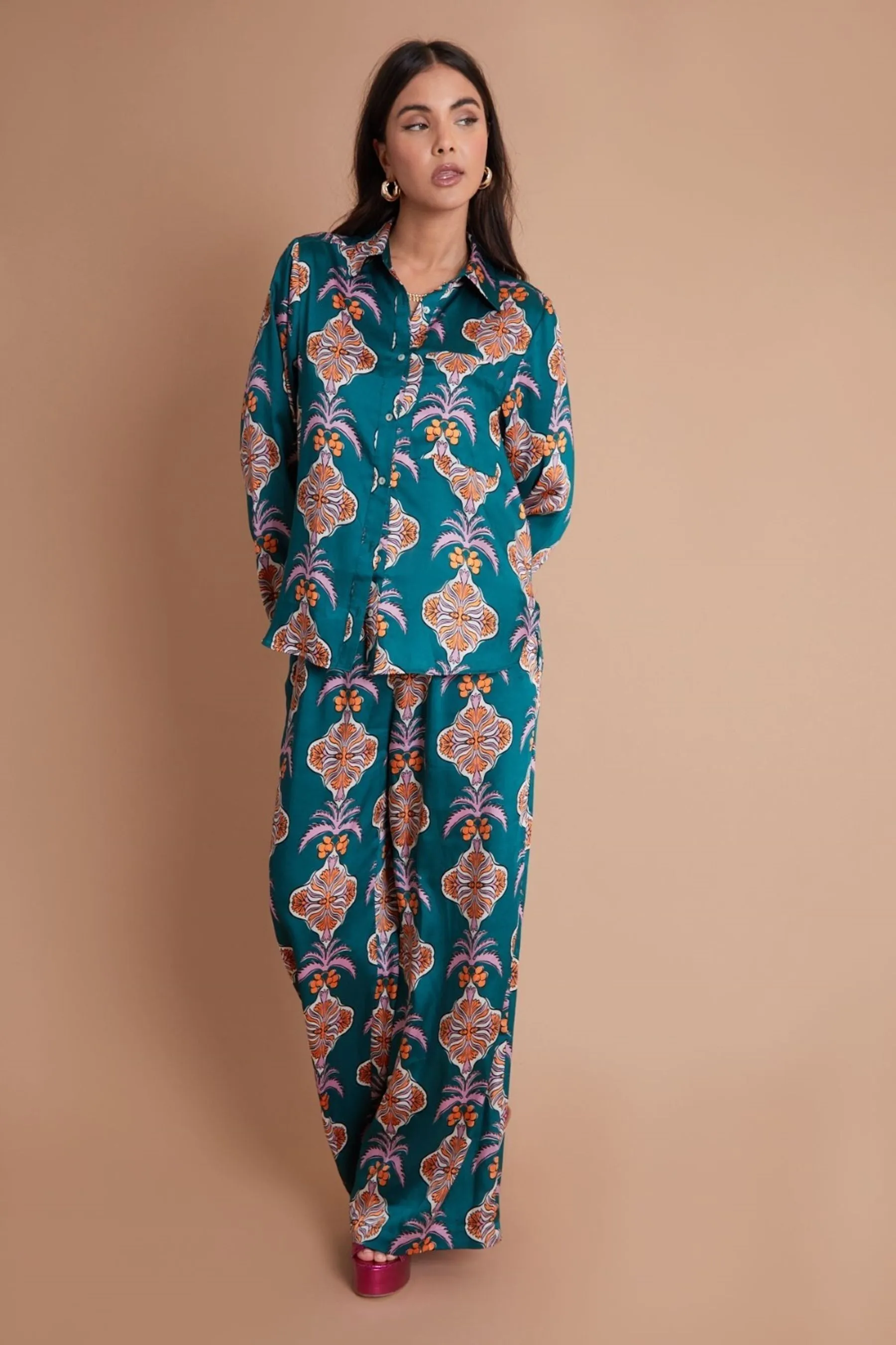 Another Sunday Long Sleeved Satin Oversized Shirt In Multi Print    