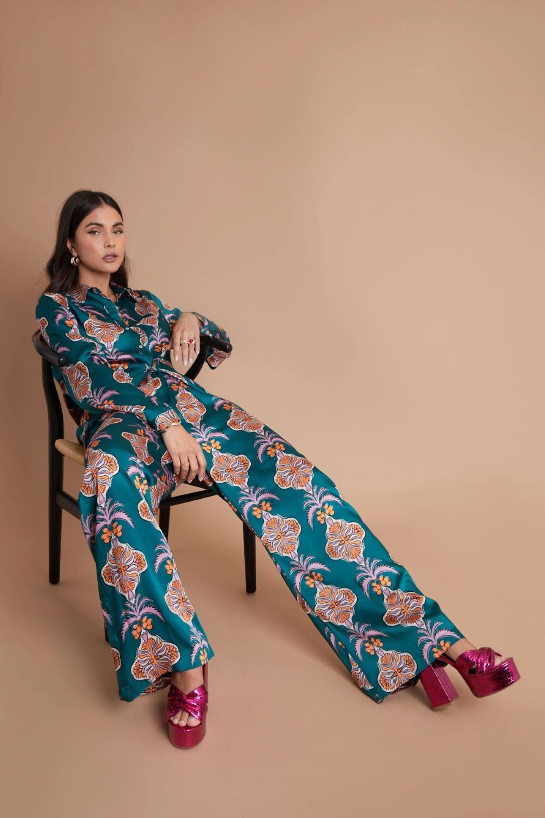 Another Sunday Long Sleeved Satin Oversized Shirt In Multi Print    