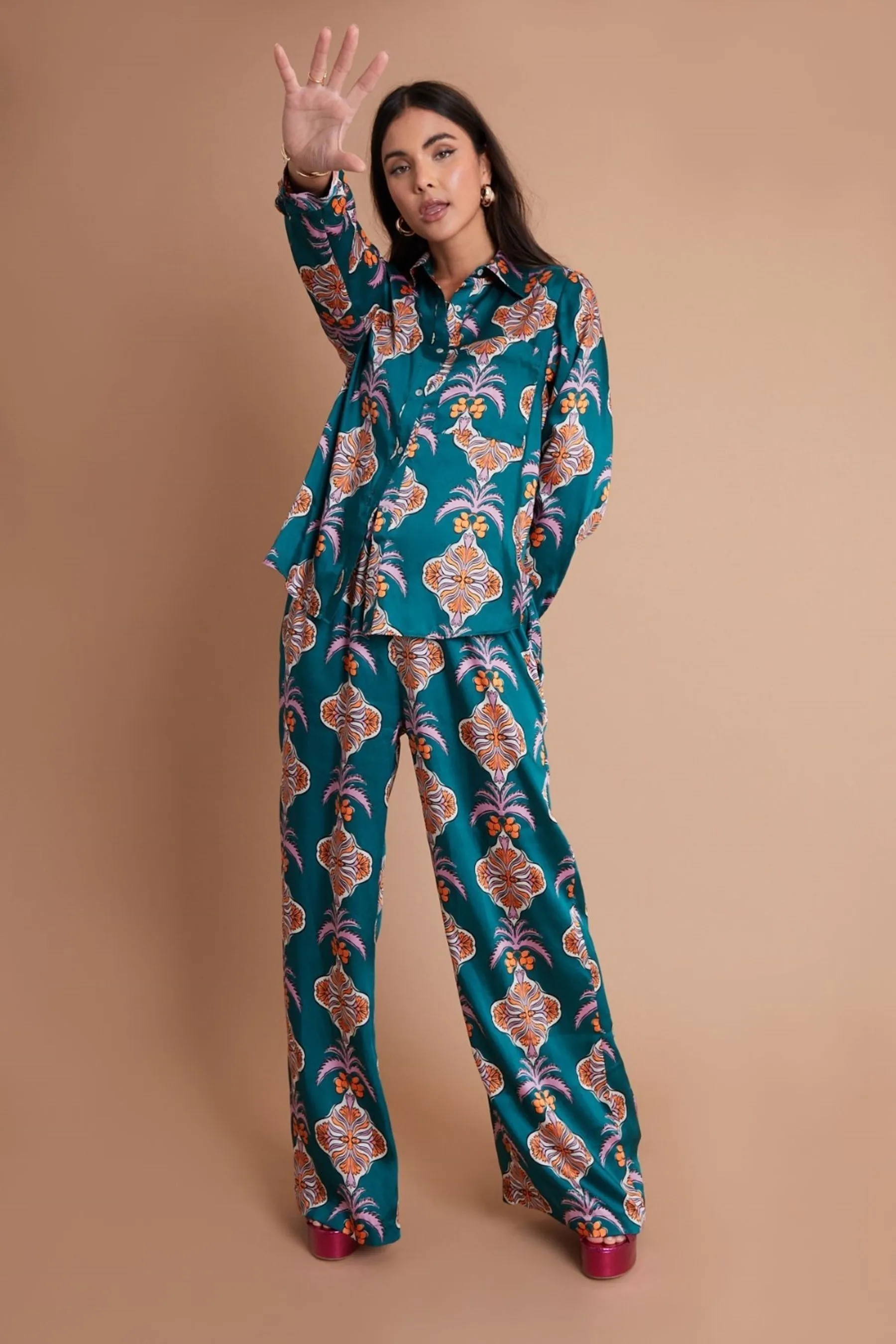 Another Sunday Long Sleeved Satin Oversized Shirt In Multi Print    