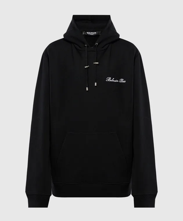 Balmain Felpa nera con cappuccio con ricamo logo DH1JT047BC78