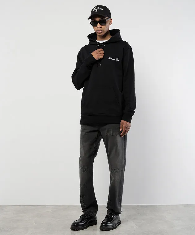 Balmain Felpa nera con cappuccio con ricamo logo DH1JT047BC78