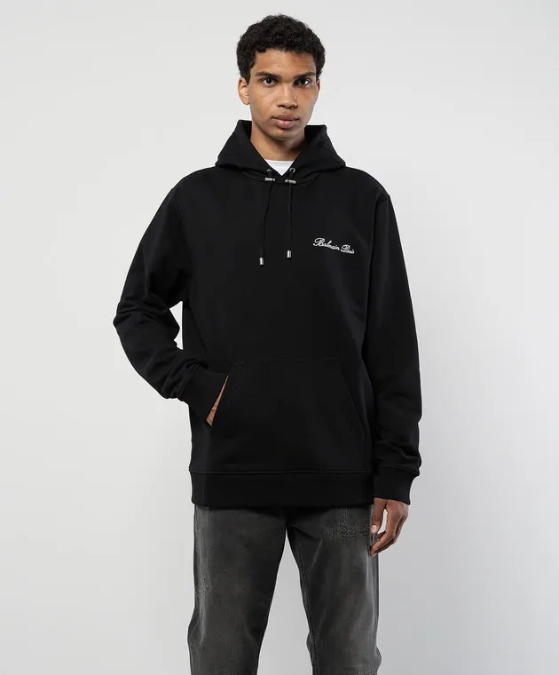 Balmain Felpa nera con cappuccio con ricamo logo DH1JT047BC78