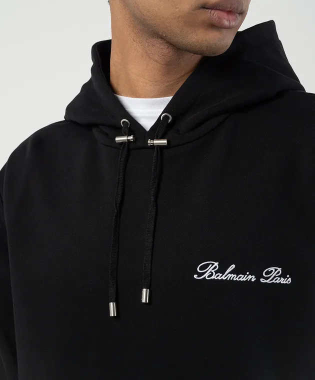 Balmain Felpa nera con cappuccio con ricamo logo DH1JT047BC78