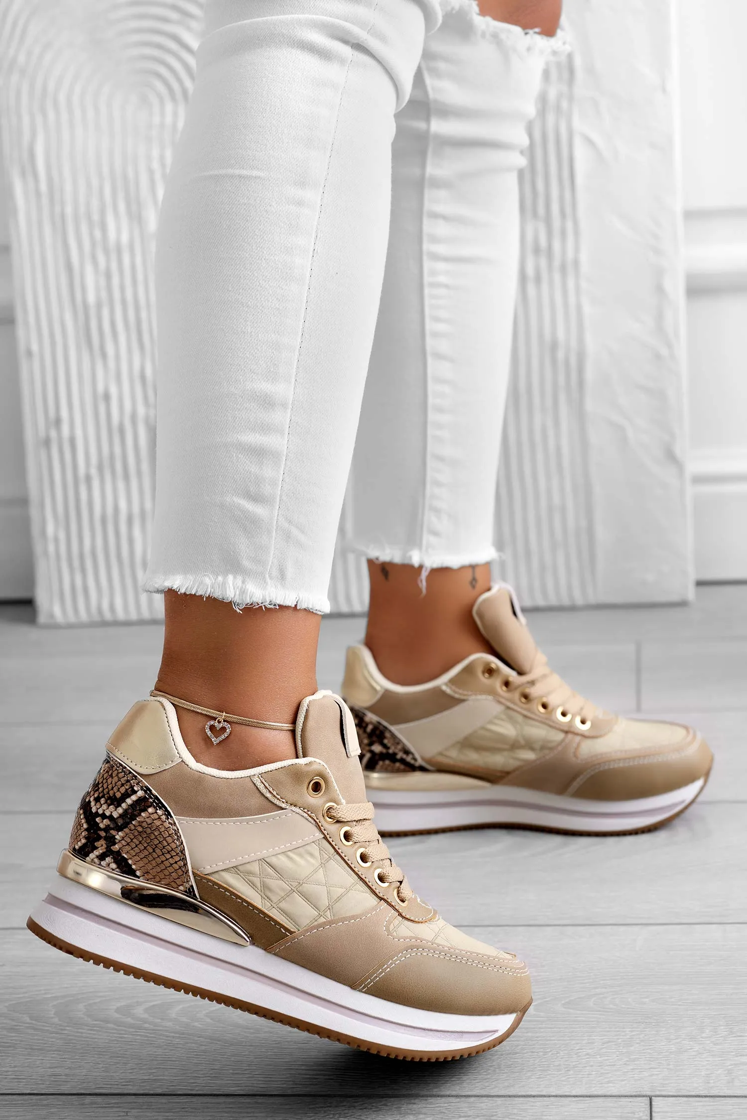 BENEDETTA - Sneakers fango con inserti pitonati e zeppa interna