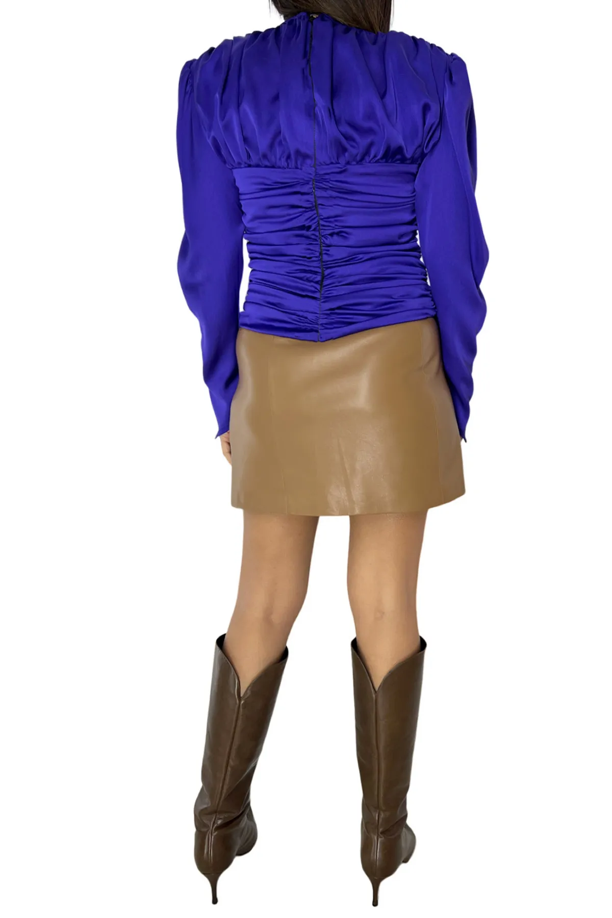 Blouse donna in raso lucido maniche lunghe con scollo a V drappeggiata manica a sbuffo