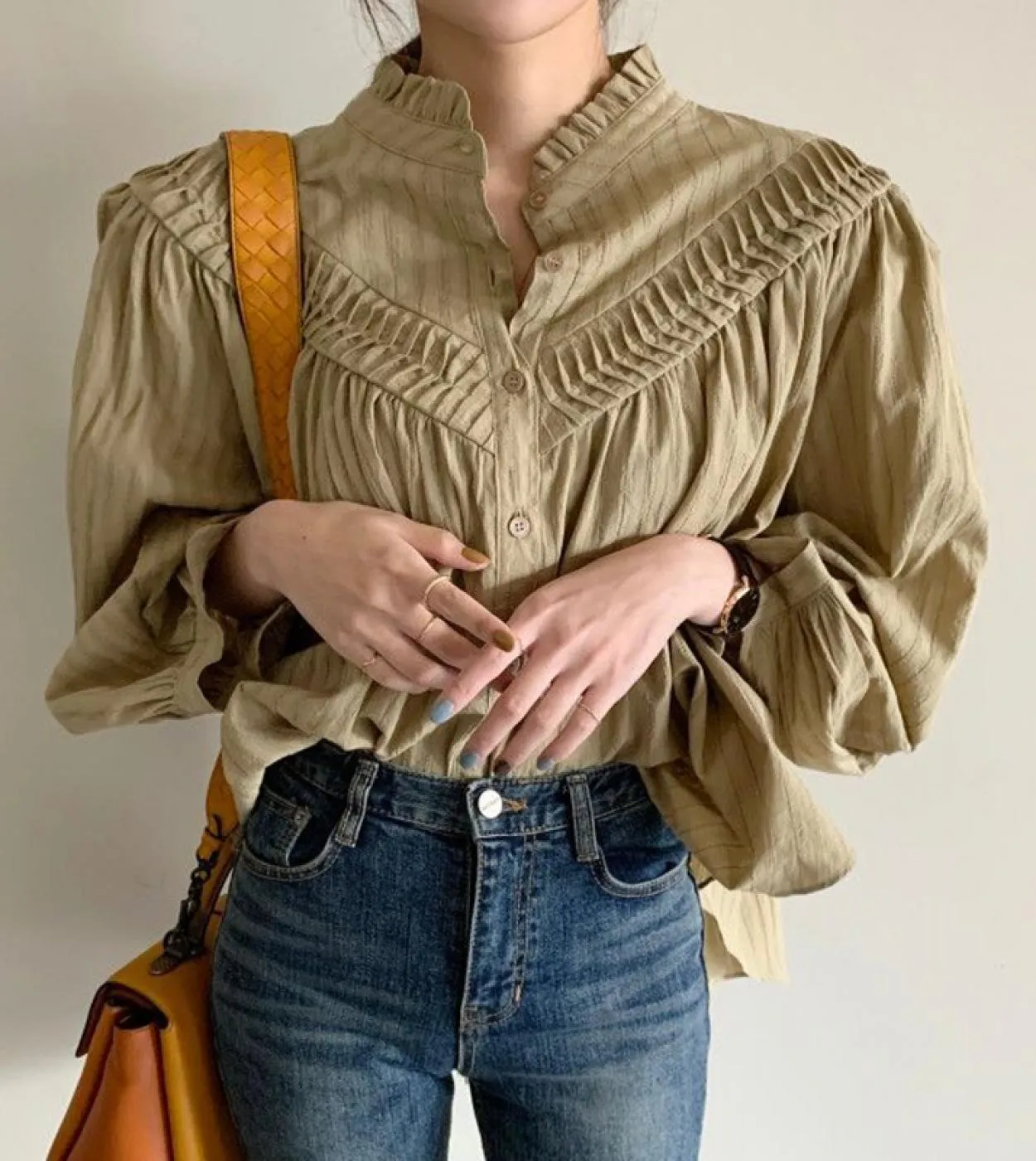 Camicetta vintage oversize da donna Colletto rialzato Chic Pieghettato Camicia casual da donna con maniche a lanterna allentata