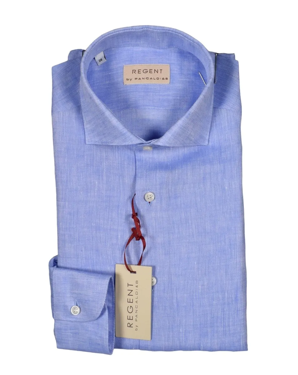 Camicia celeste pancaldi slim fit in puro lino collo alla francese