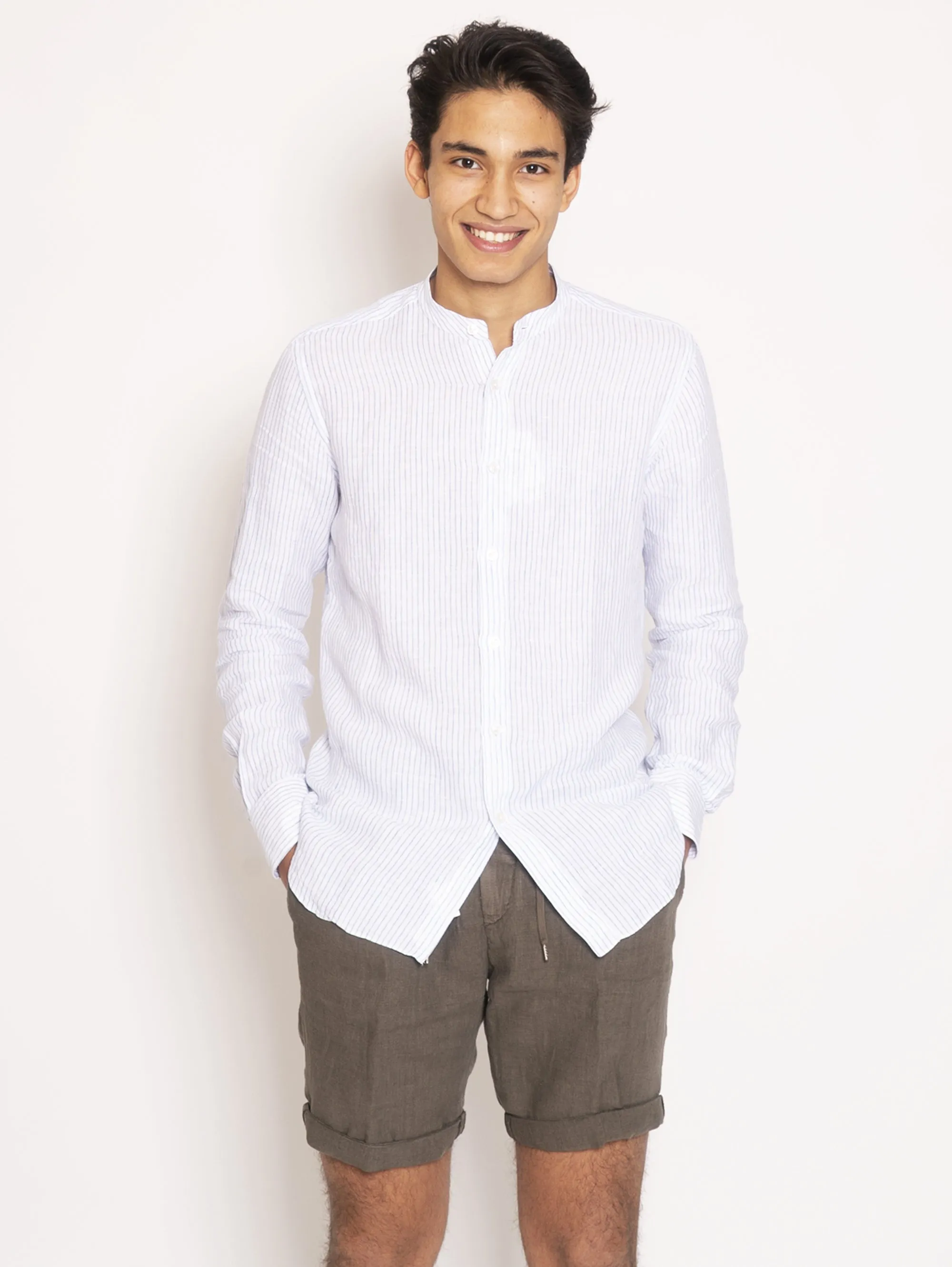 Camicia Coreana in Lino - Blu