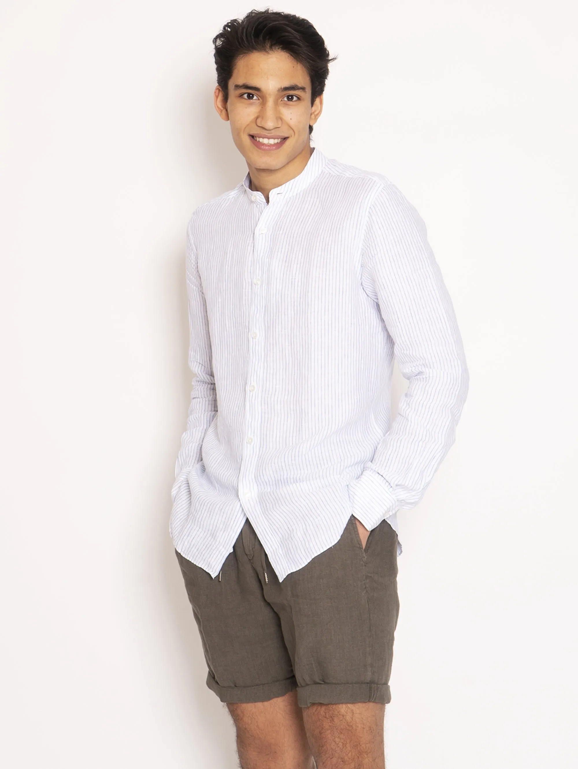 Camicia Coreana in Lino - Blu