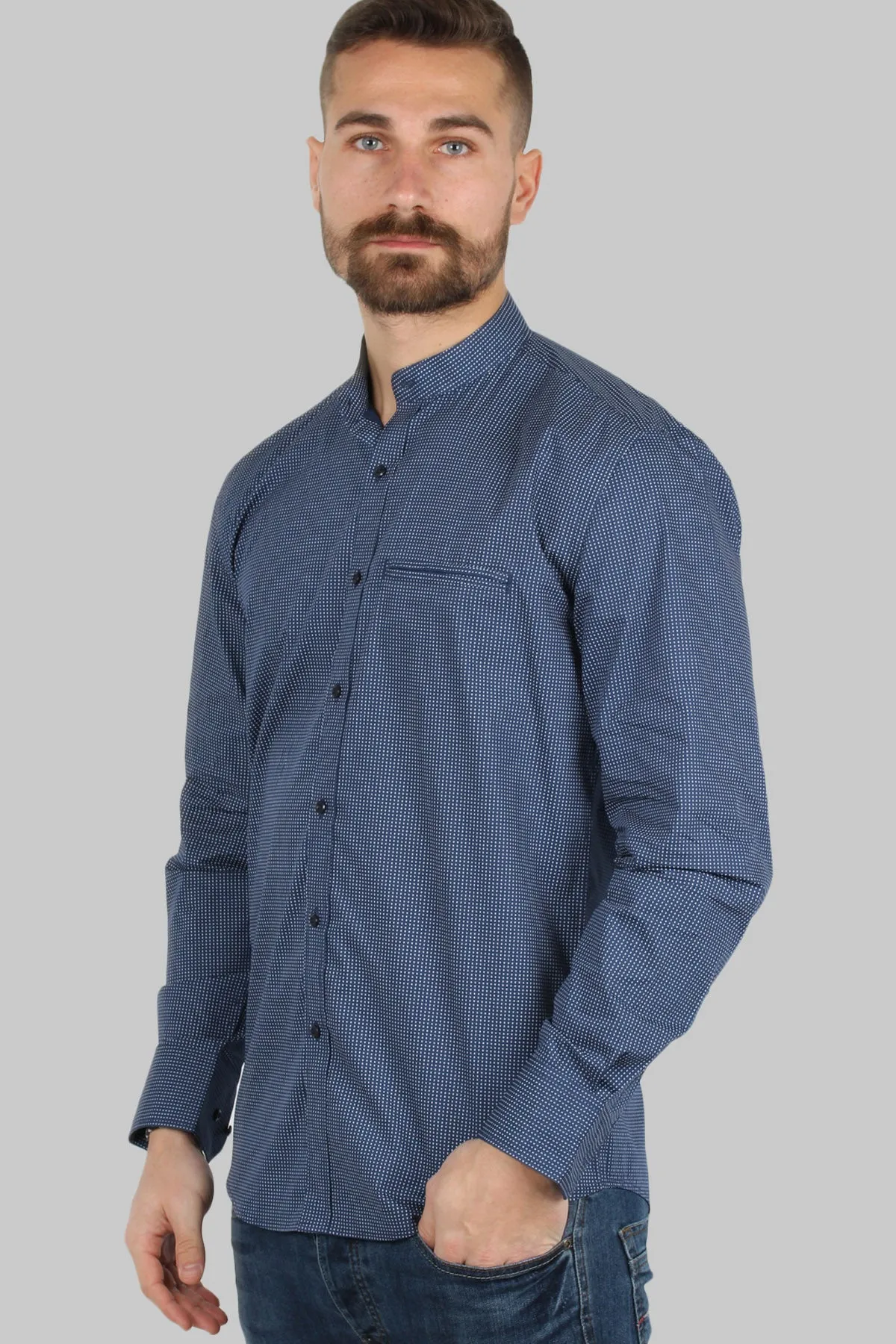 Camicia coreana uomo con microfantasia a contrasto