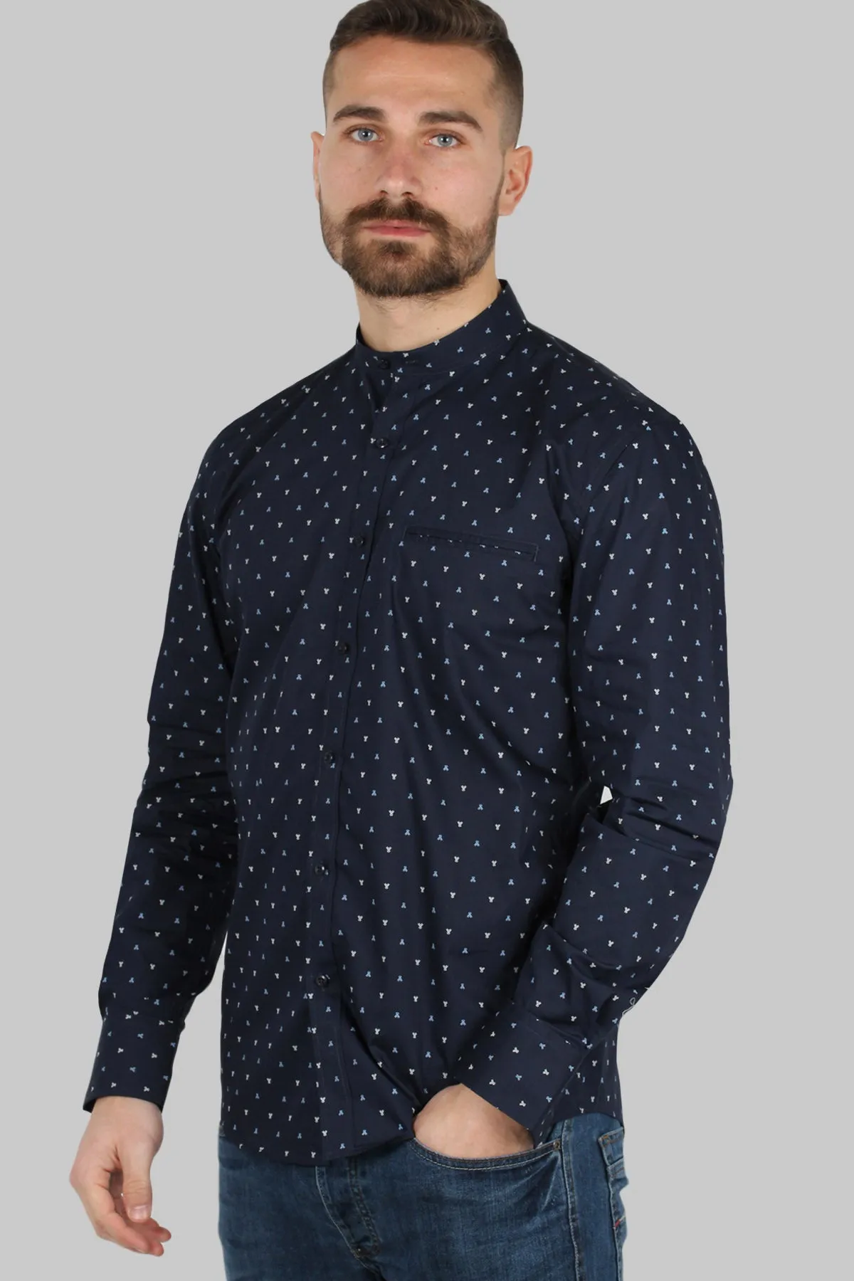 Camicia coreana uomo con microfantasia a contrasto