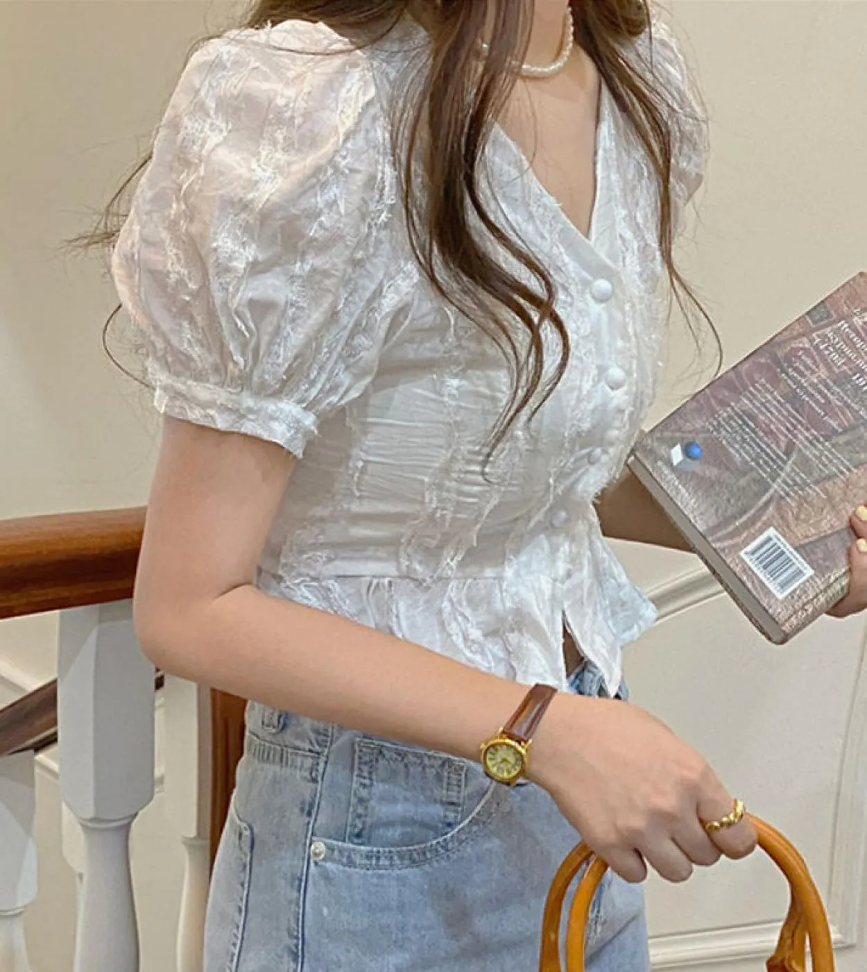 Camicia da donna estiva con cuciture in pizzo dolce Camicetta sottile a maniche corte con sbuffo moda Camicetta corta da donna i