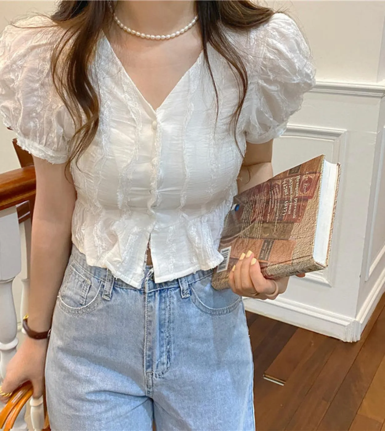 Camicia da donna estiva con cuciture in pizzo dolce Camicetta sottile a maniche corte con sbuffo moda Camicetta corta da donna i