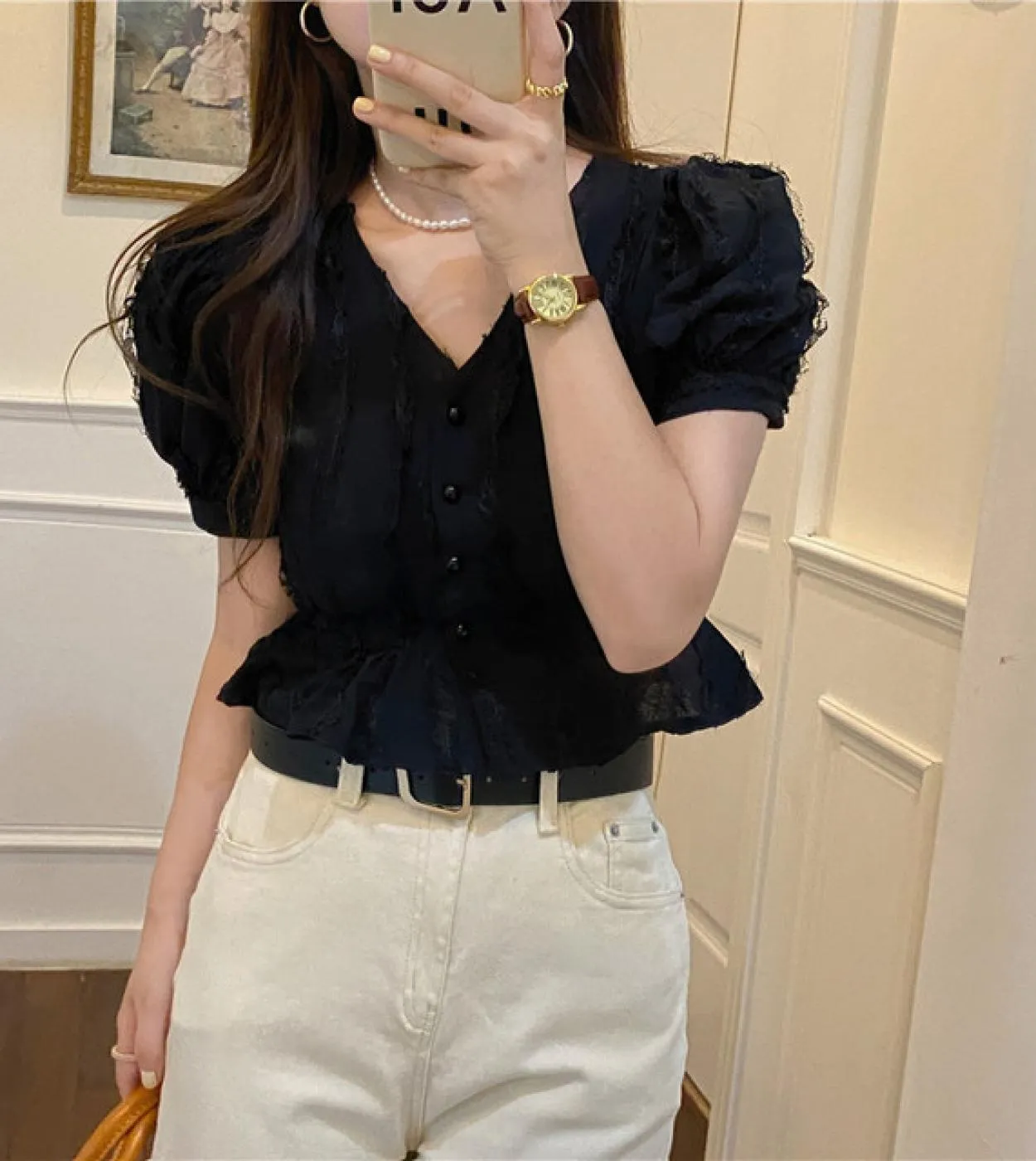Camicia da donna estiva con cuciture in pizzo dolce Camicetta sottile a maniche corte con sbuffo moda Camicetta corta da donna i