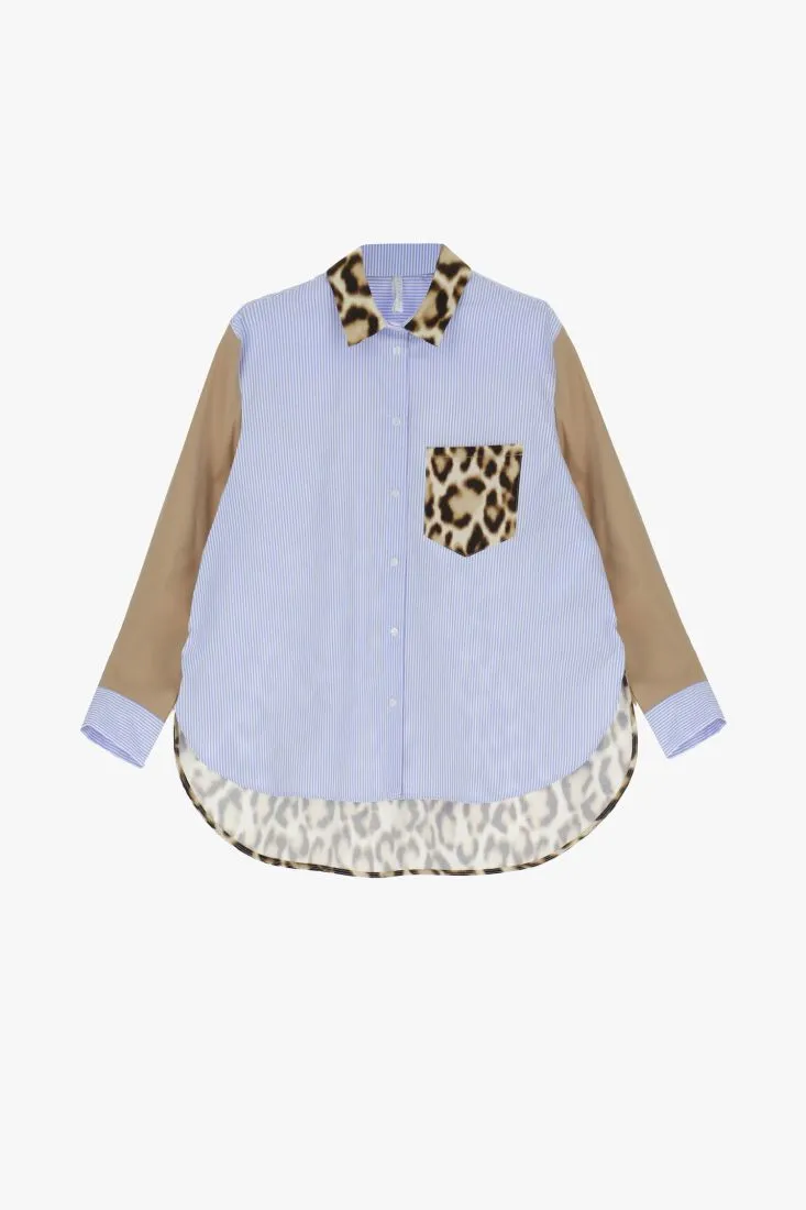 Camicia oversize fantasia rigata con inserti fantasia animalier