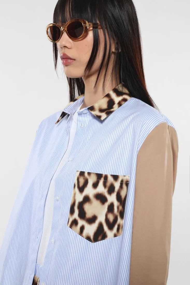 Camicia oversize fantasia rigata con inserti fantasia animalier