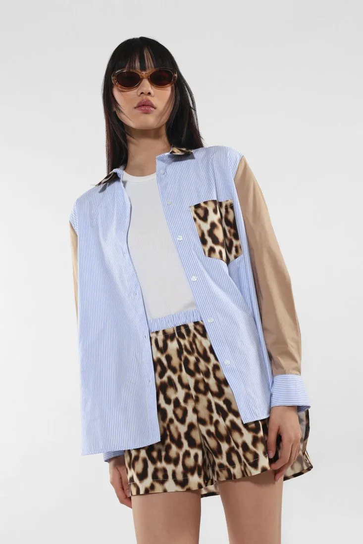 Camicia oversize fantasia rigata con inserti fantasia animalier