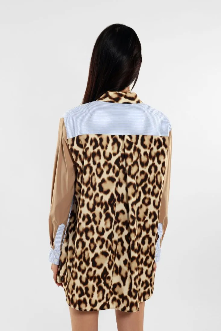 Camicia oversize fantasia rigata con inserti fantasia animalier