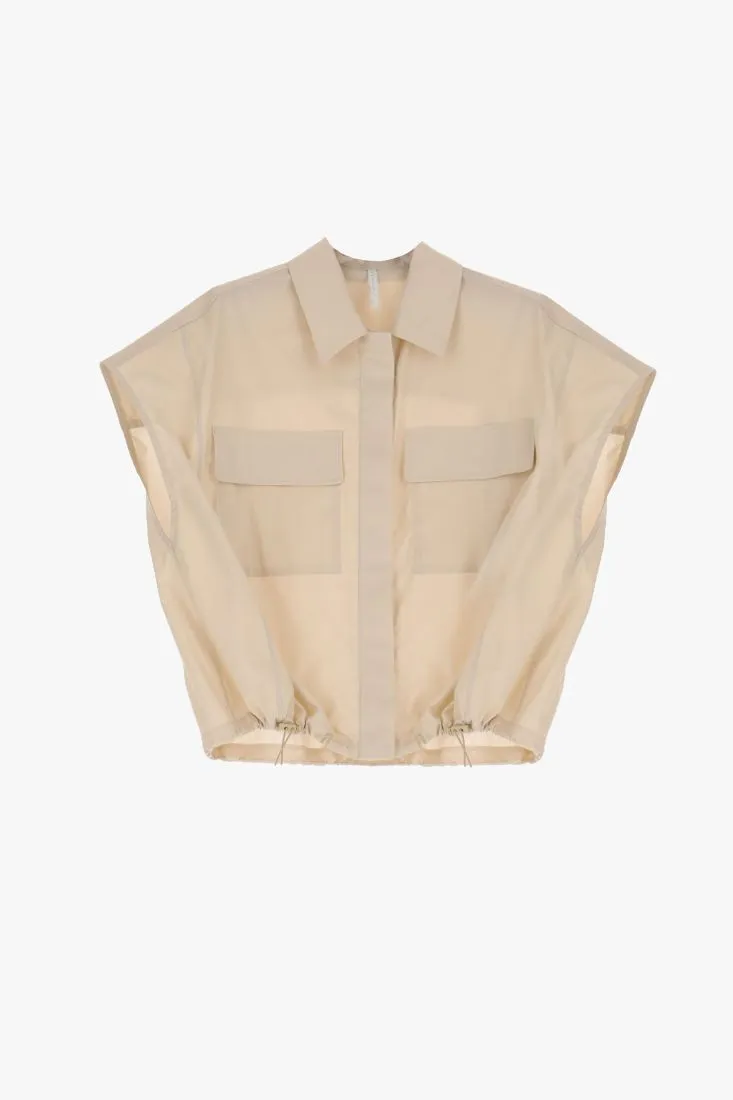 Camicia smanicata monocolour con colletto classico e coulisse