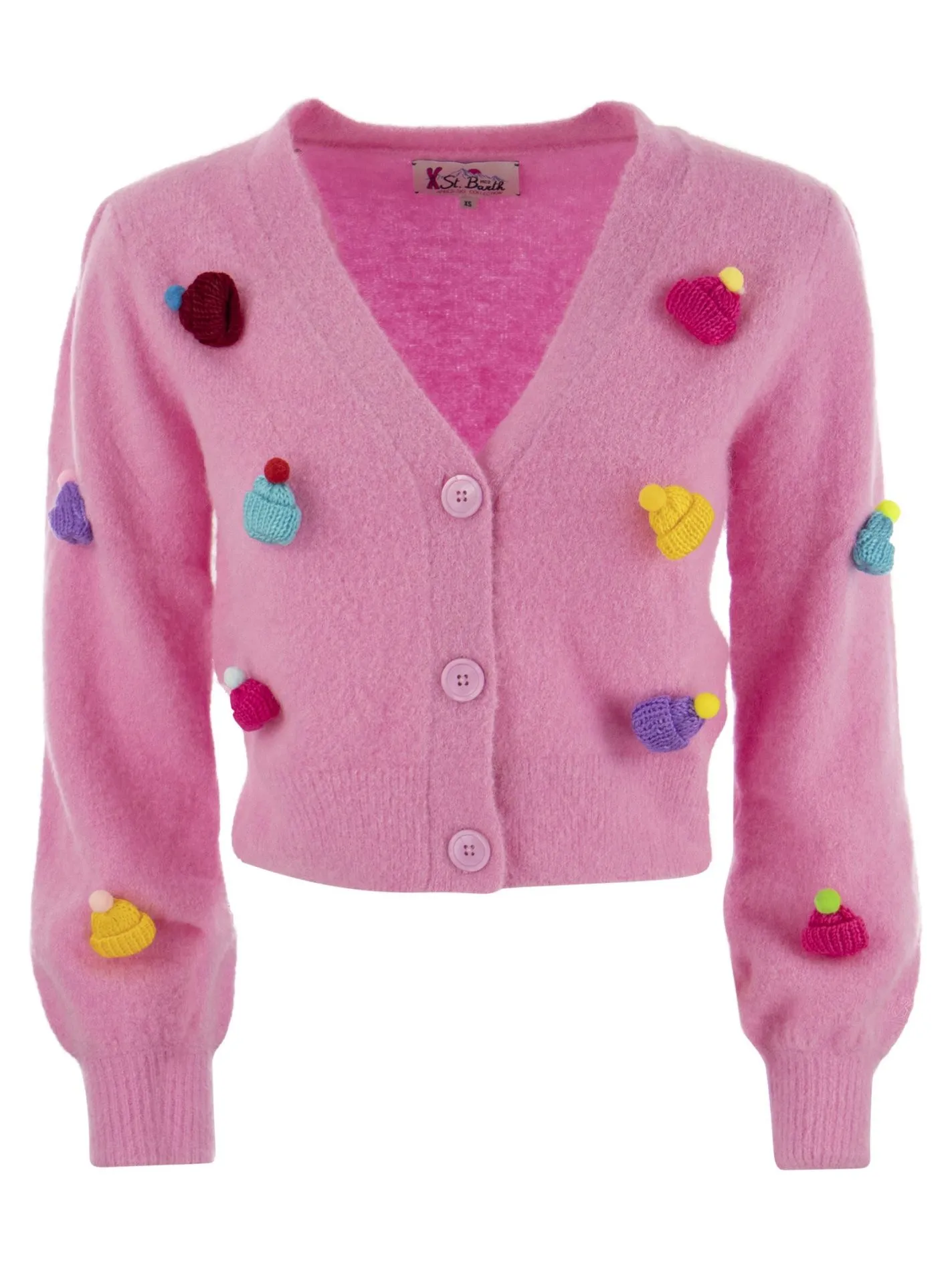 Cardigan crop in maglia spazzolata e cappellini