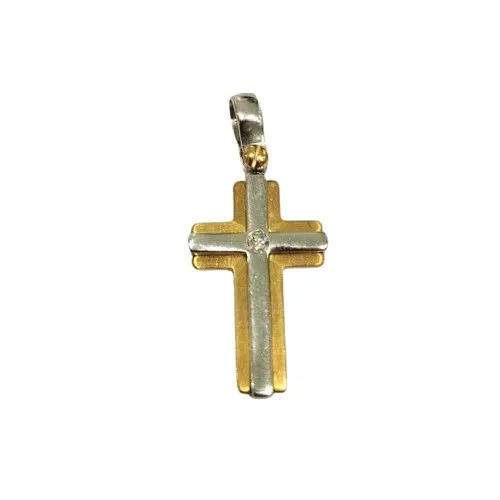 CIONDOLO CROCE IN ORO GIALLO E BIANCO 18 KT CON ZIRCONE + COLLANA IN OMAGGIO