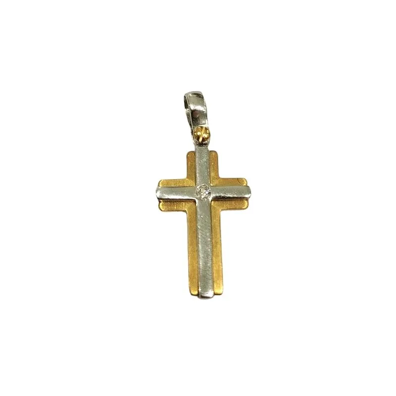 CIONDOLO CROCE IN ORO GIALLO E BIANCO 18 KT CON ZIRCONE + COLLANA IN OMAGGIO