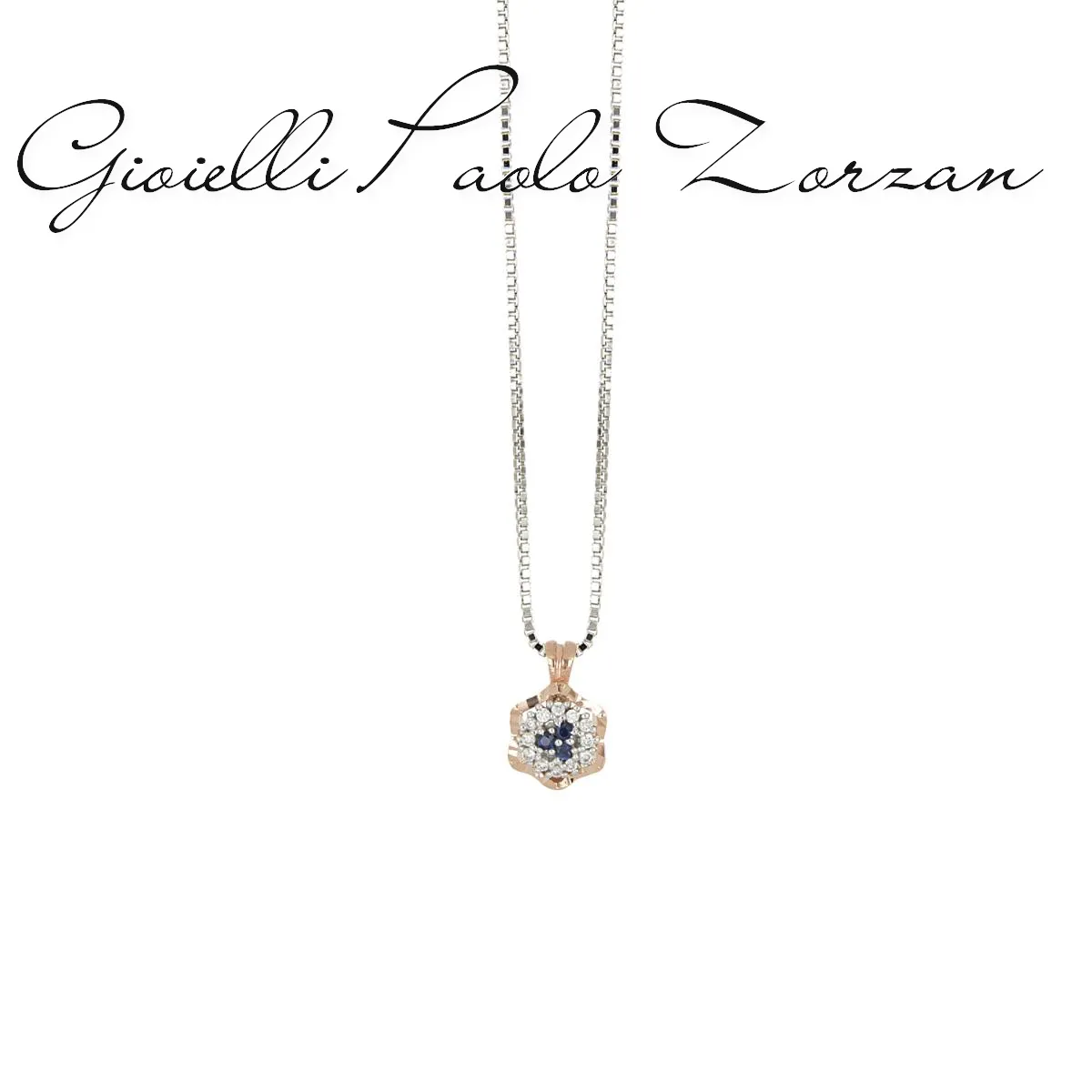 Collana Artlinea con pendente a fiore in oro bianco e rosa 18 kt con diamanti bianchi naturali e zaffiri CD711/ZB-LH