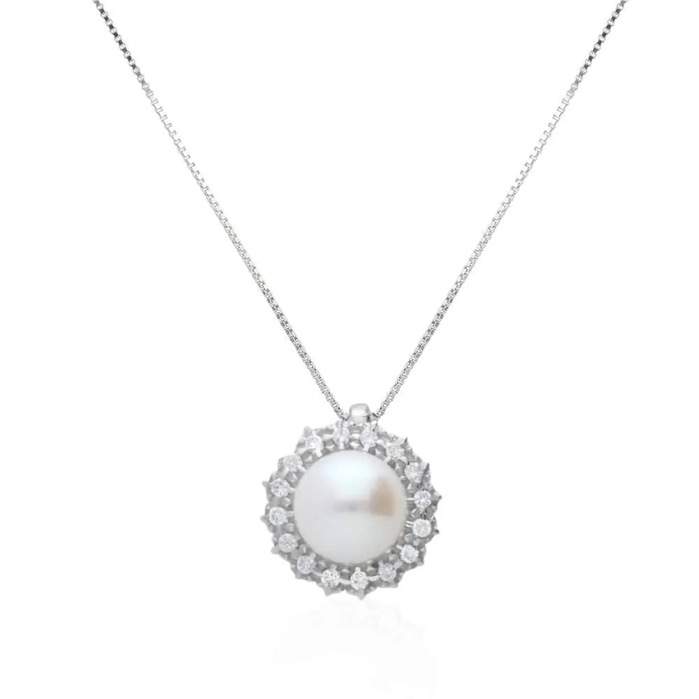 Collana Gold Pearls Oro Bianco 750/1000 Maglia Veneziana Perla D'Acqua Dolce Bianco Diamante Bianco 0,12 ct 40 + 2 cm 1664973