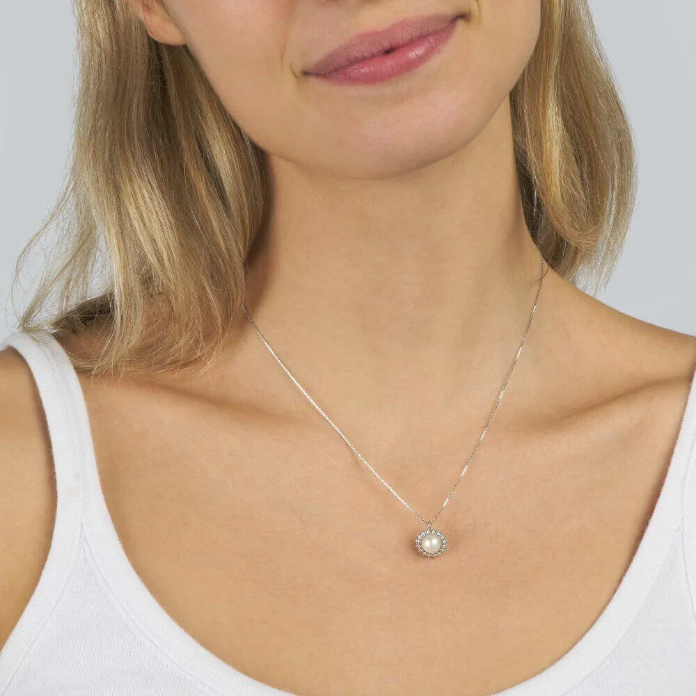 Collana Gold Pearls Oro Bianco 750/1000 Maglia Veneziana Perla D'Acqua Dolce Bianco Diamante Bianco 0,12 ct 40 + 2 cm 1664973