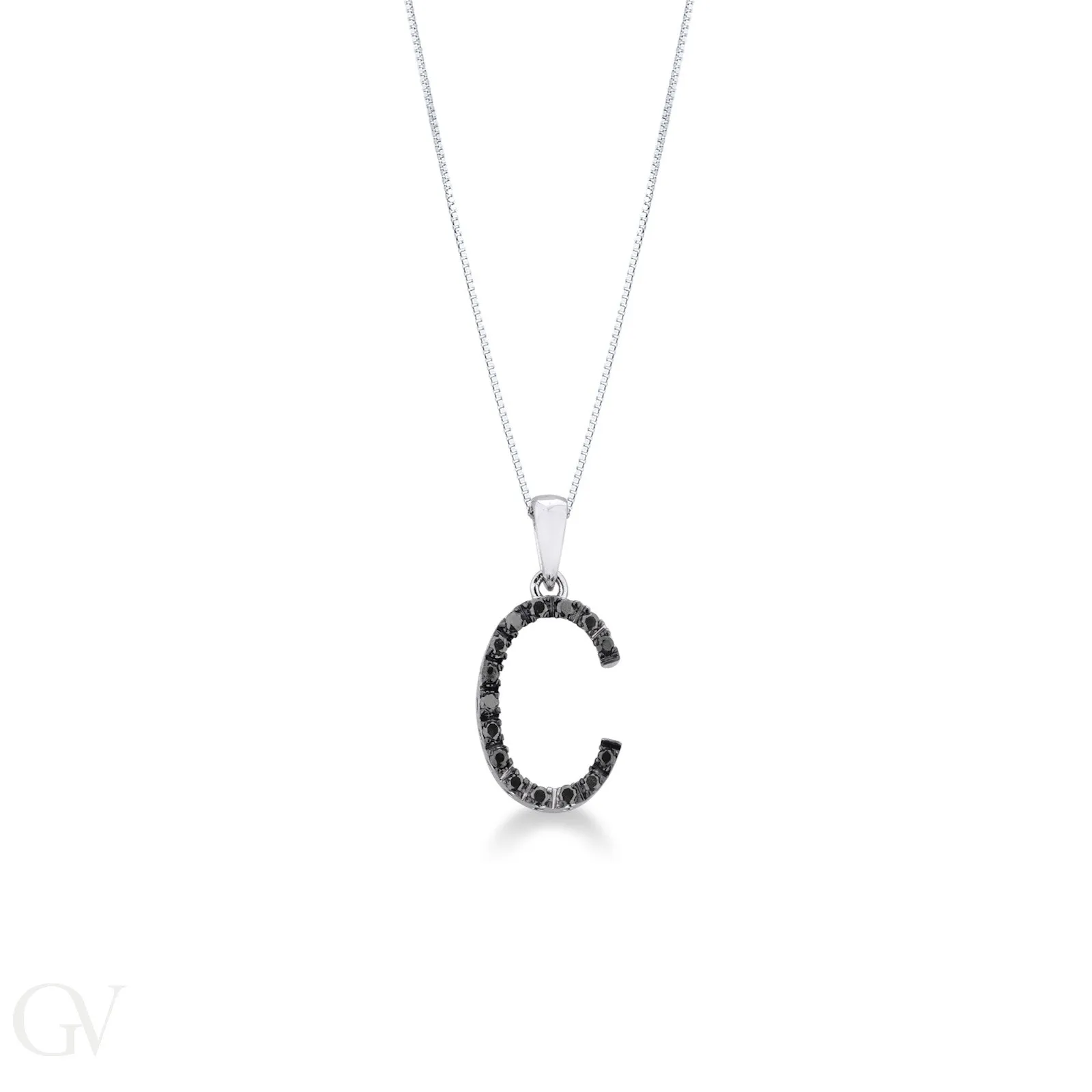 Collana lettera C in oro bianco 18k con diamanti neri