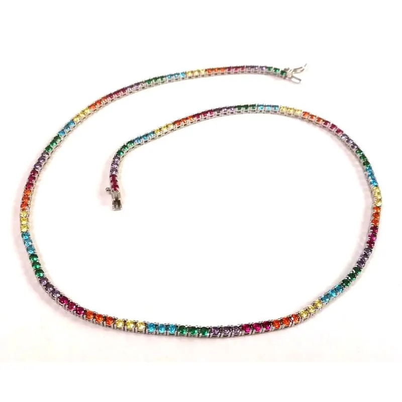 COLLANA TENNIS COLLIER IN ARGENTO 925 RODIATO ORO BIANCO CON ZIRCONI MULTICOLOR