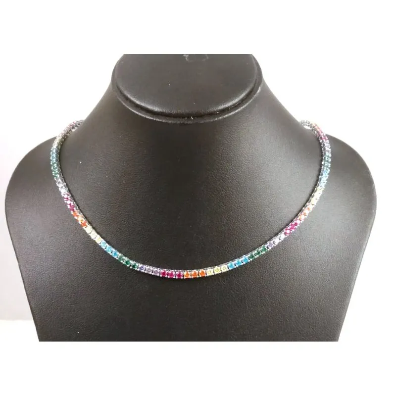COLLANA TENNIS COLLIER IN ARGENTO 925 RODIATO ORO BIANCO CON ZIRCONI MULTICOLOR