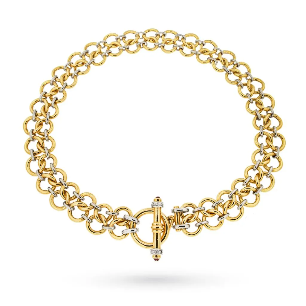 Collier oro giallo e bianco 18kt a doppia fila con cerchi intrecciati 40 cm